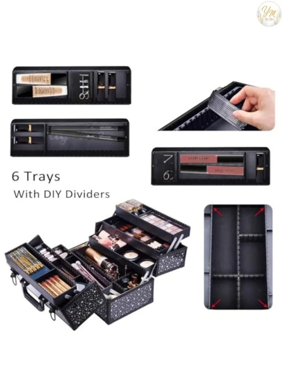 Large Train Case Makeup Organizer with 6 Adjustable Trays, Aluminum Frame, Lock